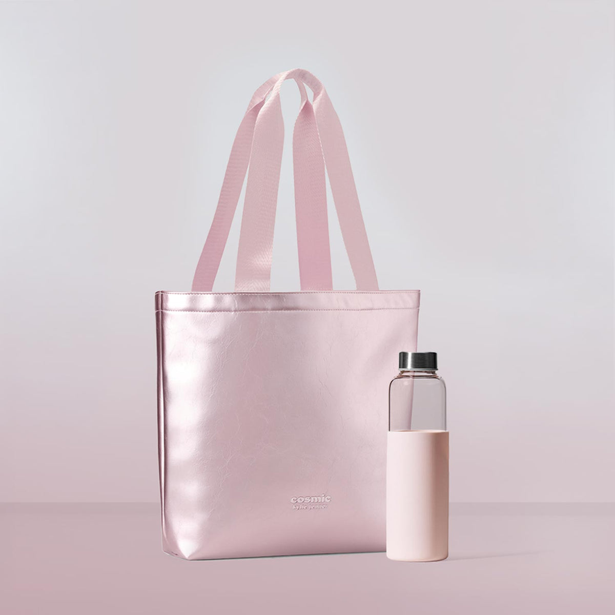 Metallic Pink Tote & Glass Water Bottle