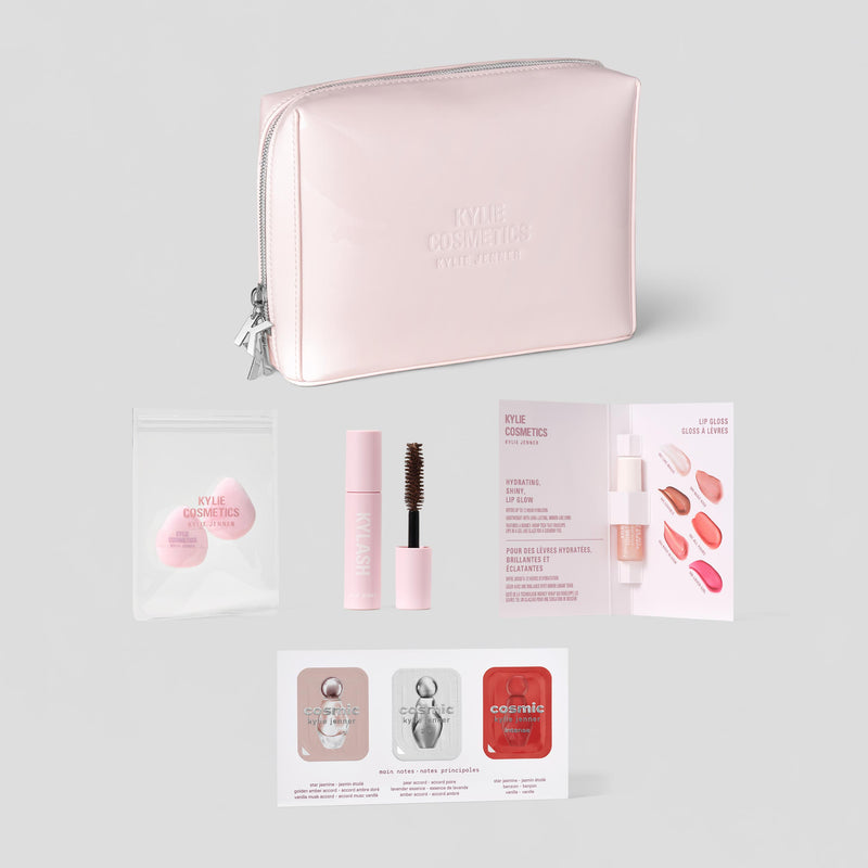 Glossy Pink Makeup Pouch with Mini Powder Puff & Deluxe Samples